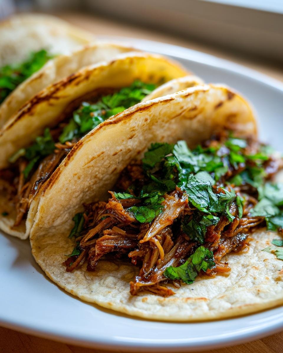 Drei gef&uuml;llte Tortillas mit zartem Pulled Pork und frischem Koriander f&uuml;r Quick Pork Carnitas Tacos.