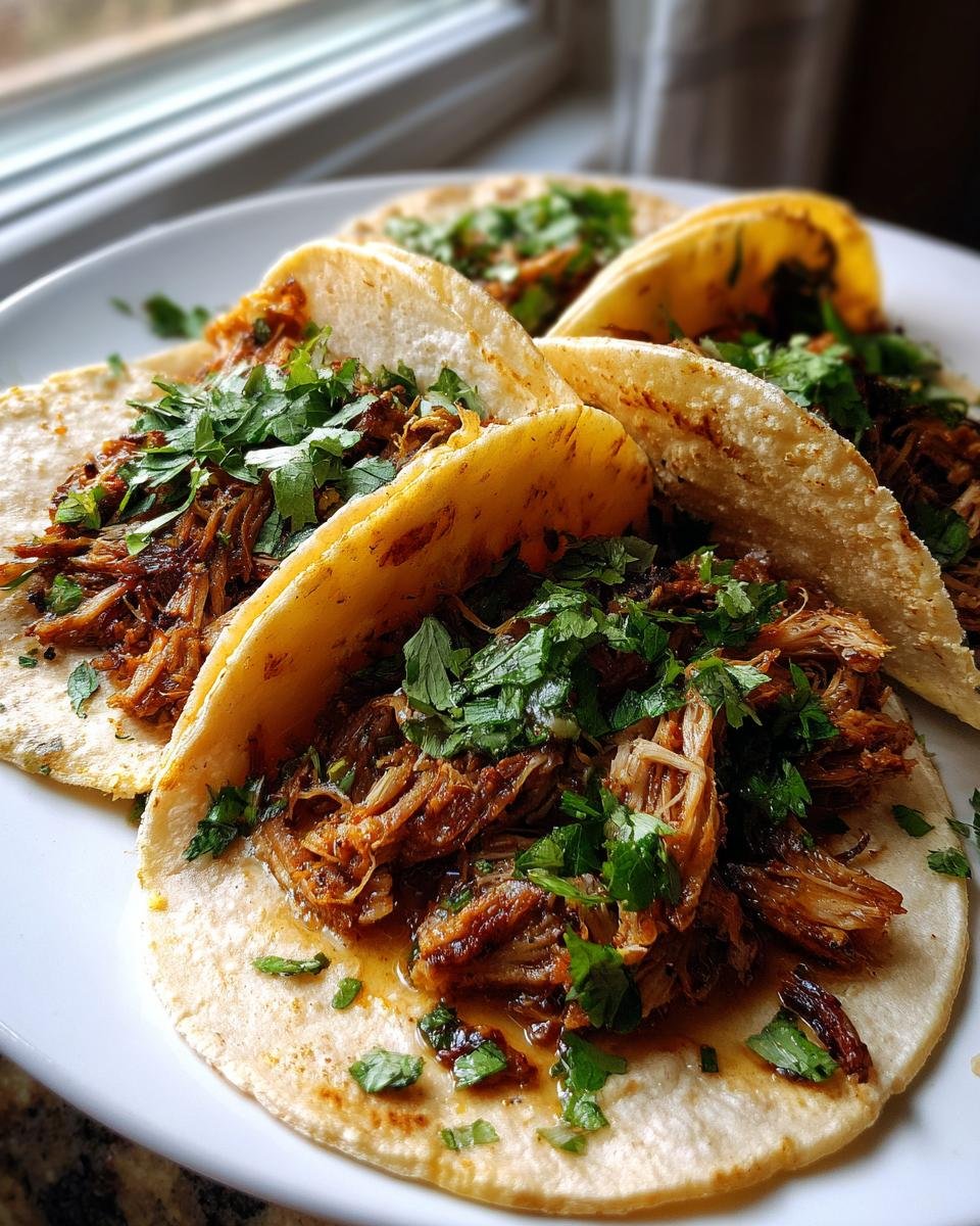 Nahaufnahme von saftigen Quick Pork Carnitas Tacos, gef&uuml;llt mit Pulled Pork und Koriander.