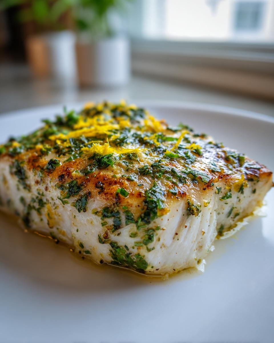 Nahaufnahme eines saftigen St&uuml;cks Roasted Mahi Mahi, bedeckt mit frischen Kr&auml;utern und Zitronenschale.