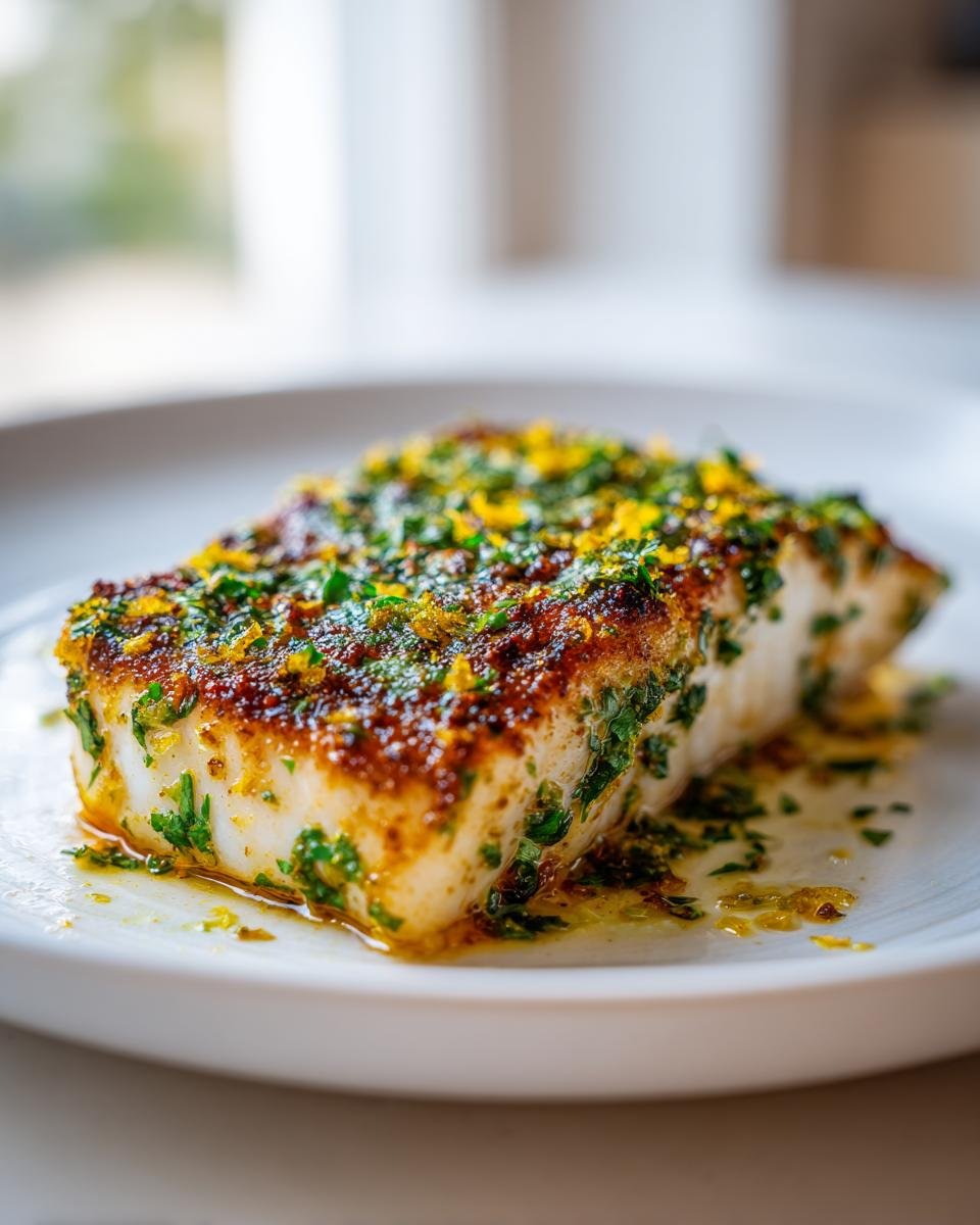 Nahaufnahme von einem St&uuml;ck Roasted Mahi Mahi, saftig mit Kr&auml;utern und Zitronenschale.