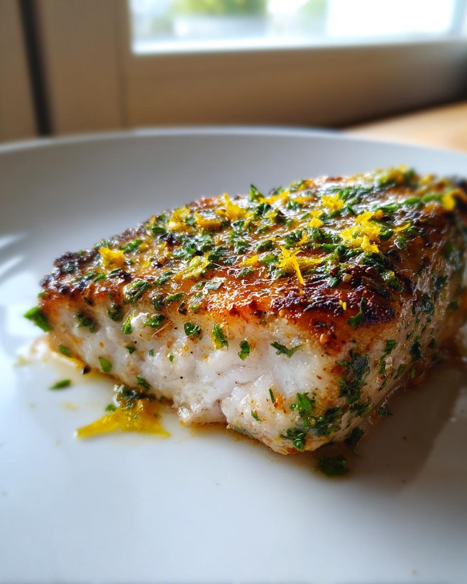 Nahaufnahme eines St&uuml;cks Roasted Mahi Mahi mit goldbrauner Kruste, bestreut mit Petersilie und Zitronenabrieb.