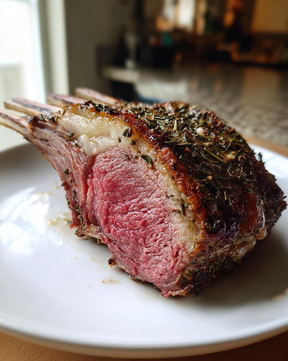 Nahaufnahme eines perfekt rosa gebratenen Roasted Rack Of Lamb mit Kr&auml;uterkruste auf einem wei&szlig;en Teller.