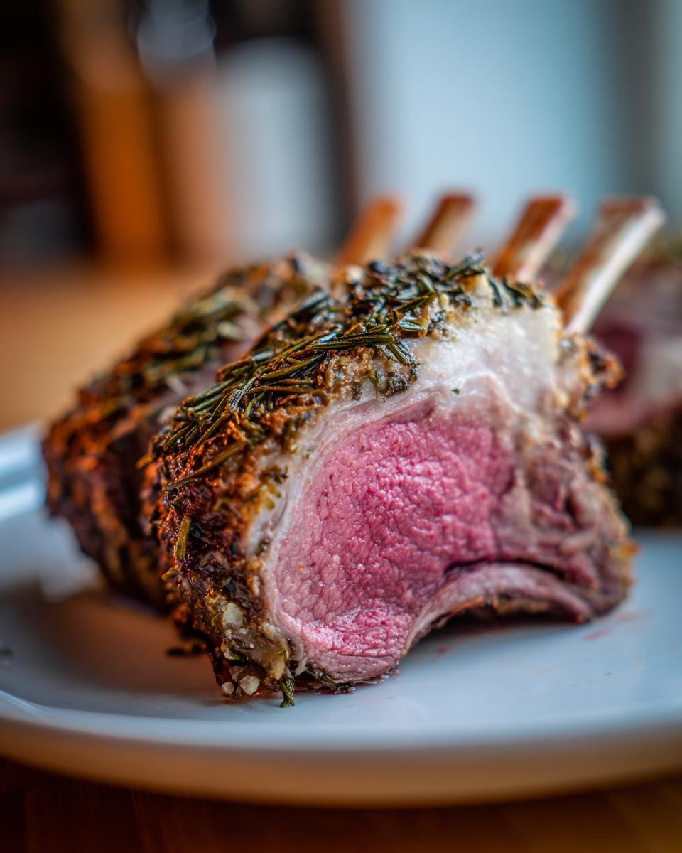 Nahaufnahme von einem perfekt gegarten Roasted Rack Of Lamb mit rosa Kern und Kr&auml;uterkruste.