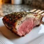 Nahaufnahme eines saftigen, rosa gebratenen Roasted Rack Of Lamb mit Kr&auml;uterkruste auf einem wei&szlig;en Teller.