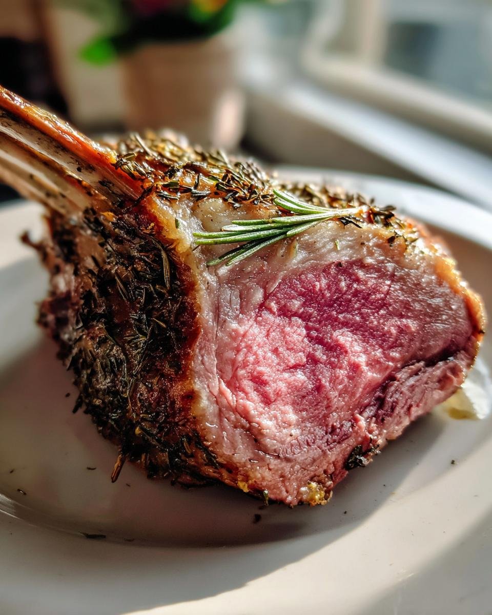 Nahaufnahme eines saftigen, rosa gebratenen Roasted Rack Of Lamb mit Kr&auml;uterkruste und Rosmarinzweig.