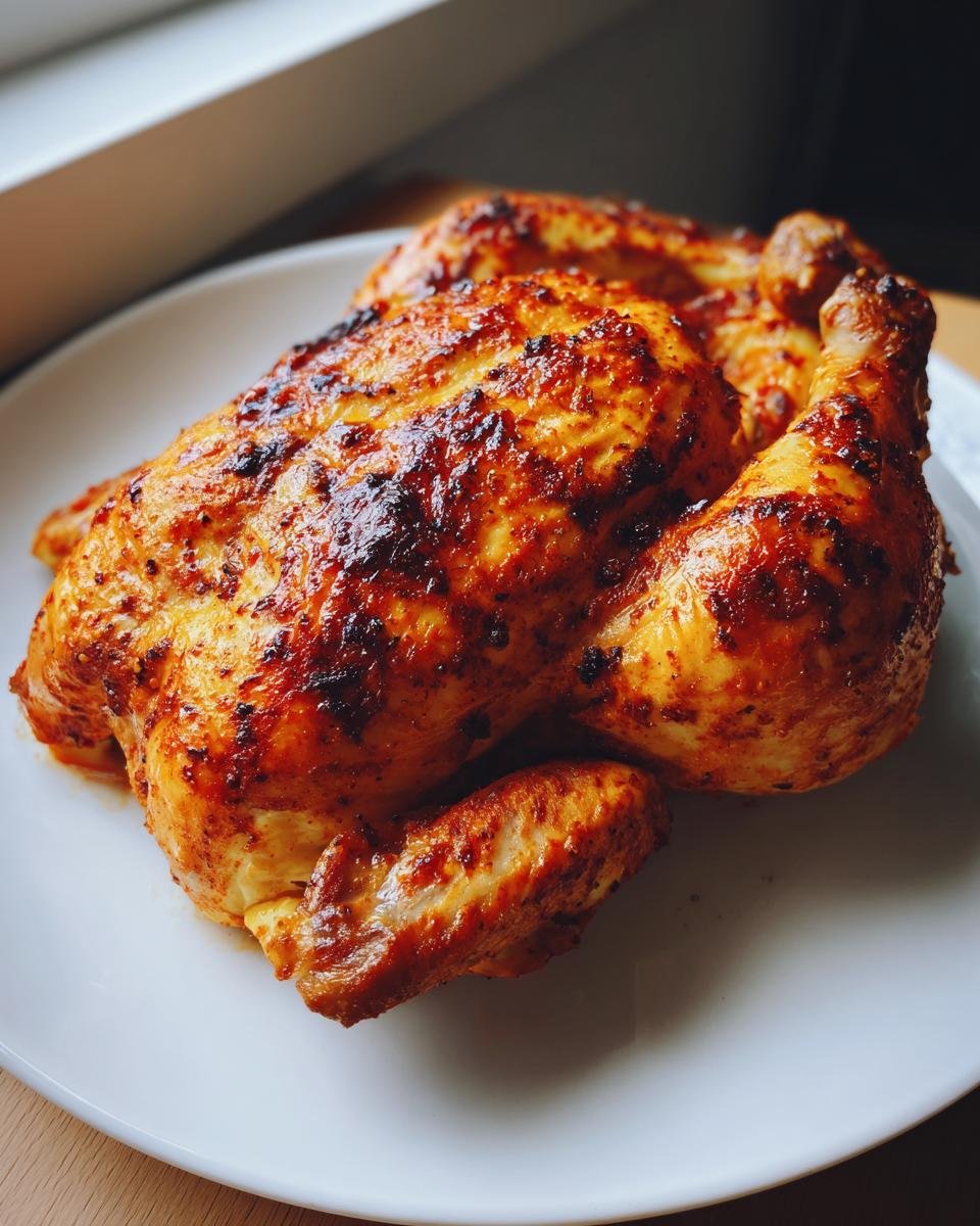 Ganzes, knusprig gebratenes Roasted Spatchcock Chicken auf einem wei&szlig;en Teller.