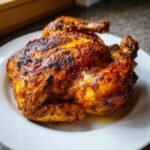 Nahaufnahme eines saftigen Roasted Spatchcock Chicken mit knuspriger, goldbrauner Haut auf einem wei&szlig;en Teller.