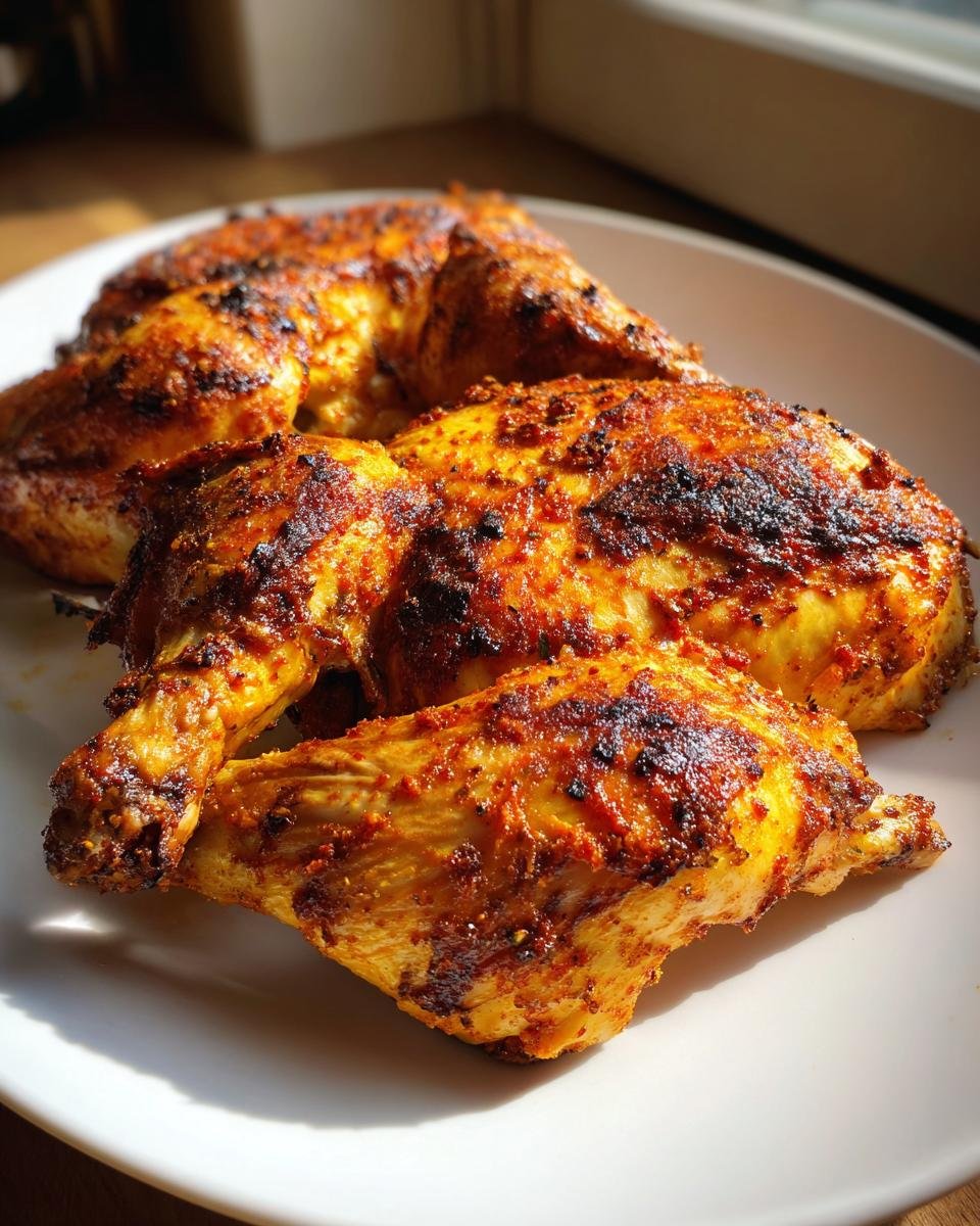 Drei St&uuml;cke saftiges Roasted Spatchcock Chicken mit knuspriger, roter W&uuml;rzkruste auf einem wei&szlig;en Teller.