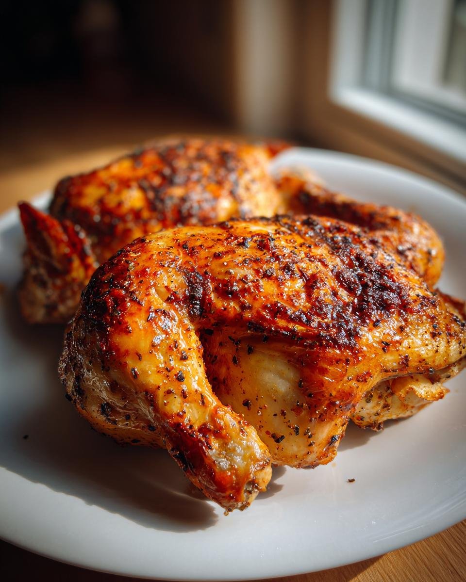 Nahaufnahme von zwei saftigen H&auml;lften Roasted Spatchcock Chicken mit knuspriger, gew&uuml;rzter Haut auf einem wei&szlig;en Teller.