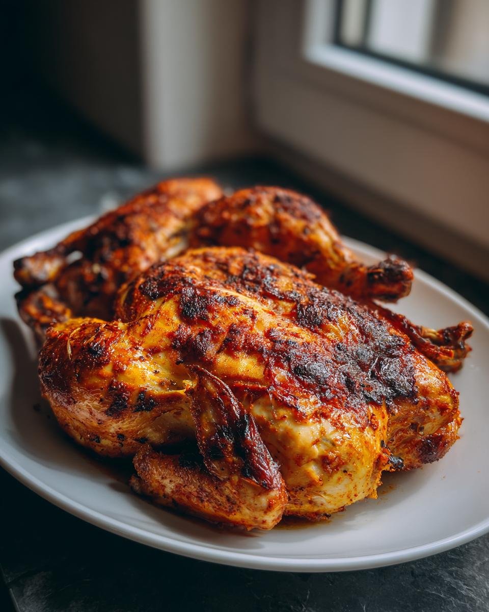 Nahaufnahme von zwei knusprig gebratenen Roasted Spatchcock Chicken H&auml;hnchen auf einem wei&szlig;en Teller.