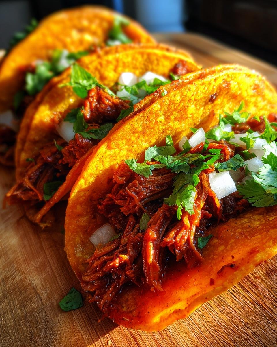 Nahaufnahme von drei knusprigen Tacos gefüllt mit geschmortem Beef Birria, Zwiebeln und Koriander.