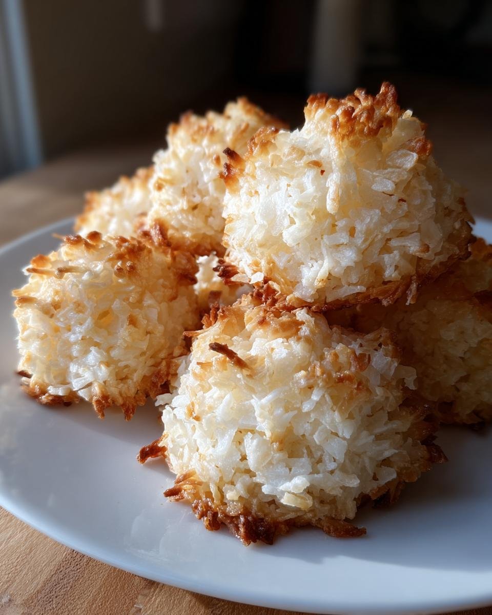 Nahaufnahme von mehreren saftigen Coconut Macaroons mit leicht gebr&auml;unten Spitzen auf einem wei&szlig;en Teller.