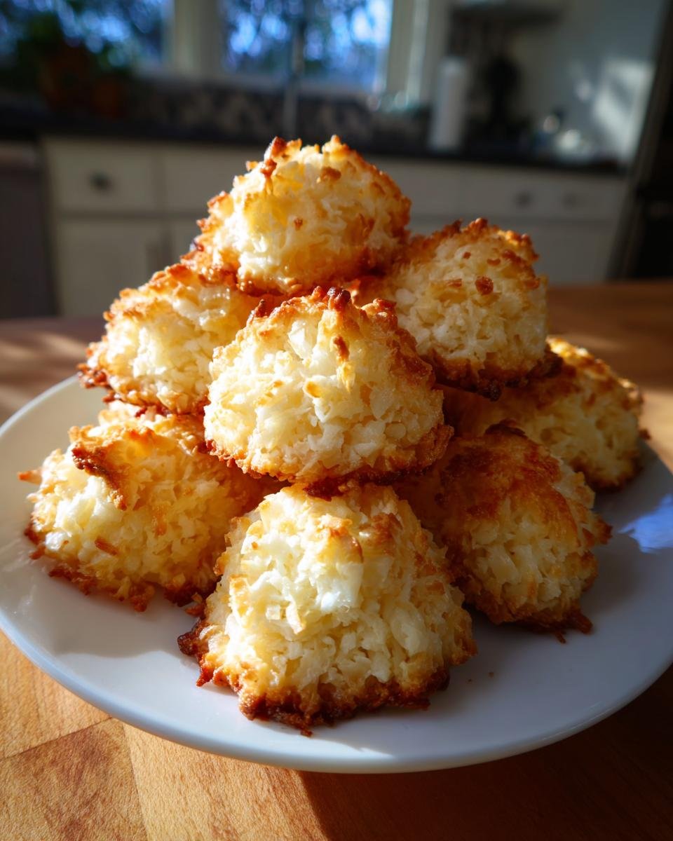 Ein Haufen goldbraun gebackener, saftiger Coconut Macaroons auf einem wei&szlig;en Teller.