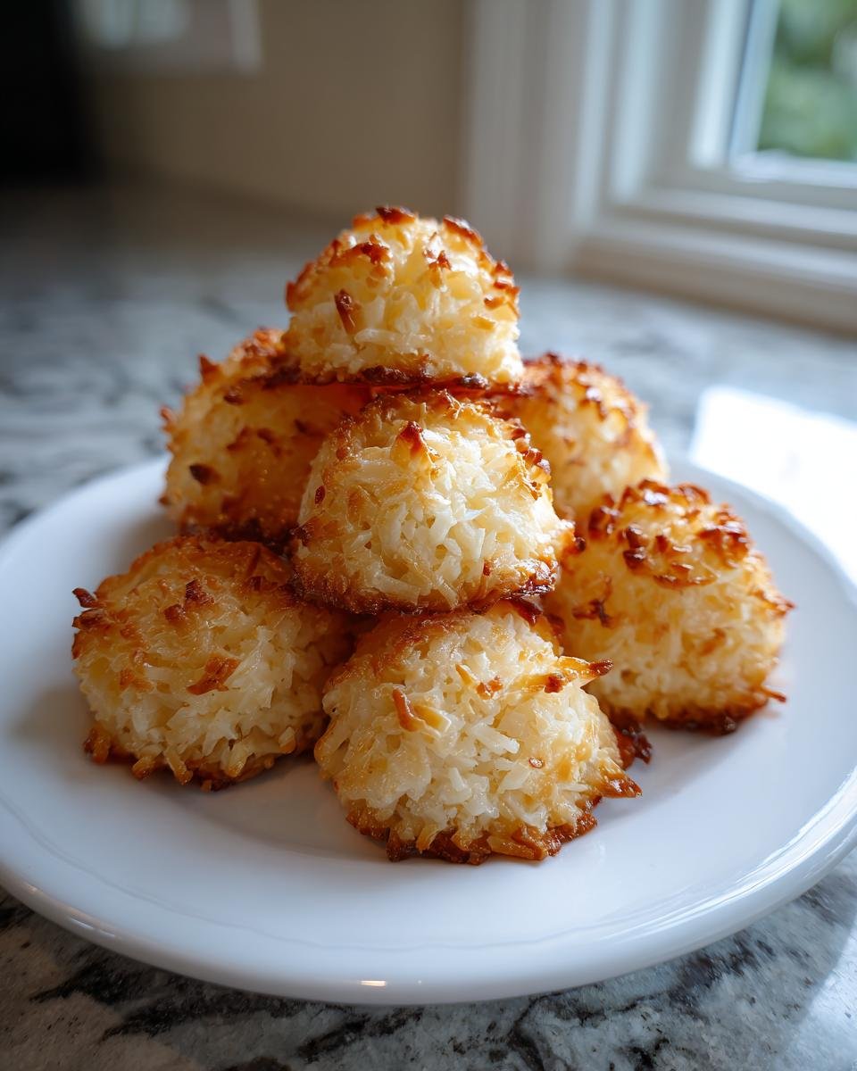 Ein Stapel saftiger Coconut Macaroons mit leicht gebräunten Rändern auf einem weißen Teller.