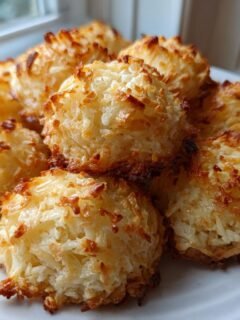 Nahaufnahme von saftigen Kokosmakronen mit goldbraun gebackenen Spitzen auf einem weißen Teller.