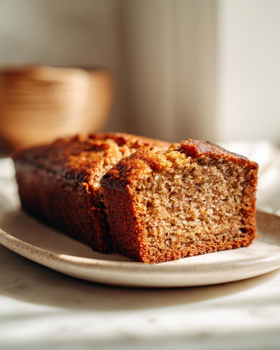 Nahaufnahme eines aufgeschnittenen Banana Pound Cake mit feuchter Krume auf einem Teller.