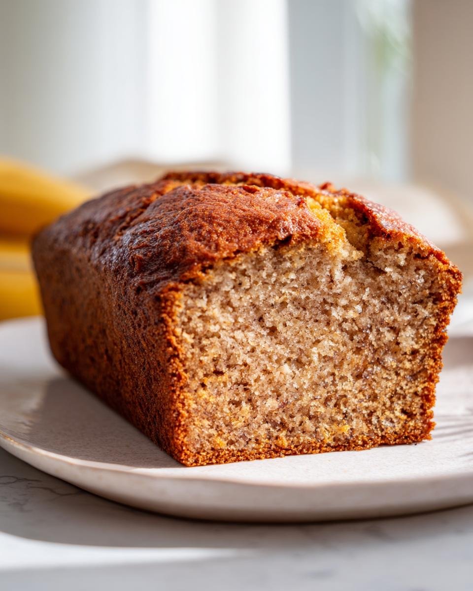 Nahaufnahme eines saftigen Banana Pound Cake mit goldbrauner Kruste auf einem Teller.