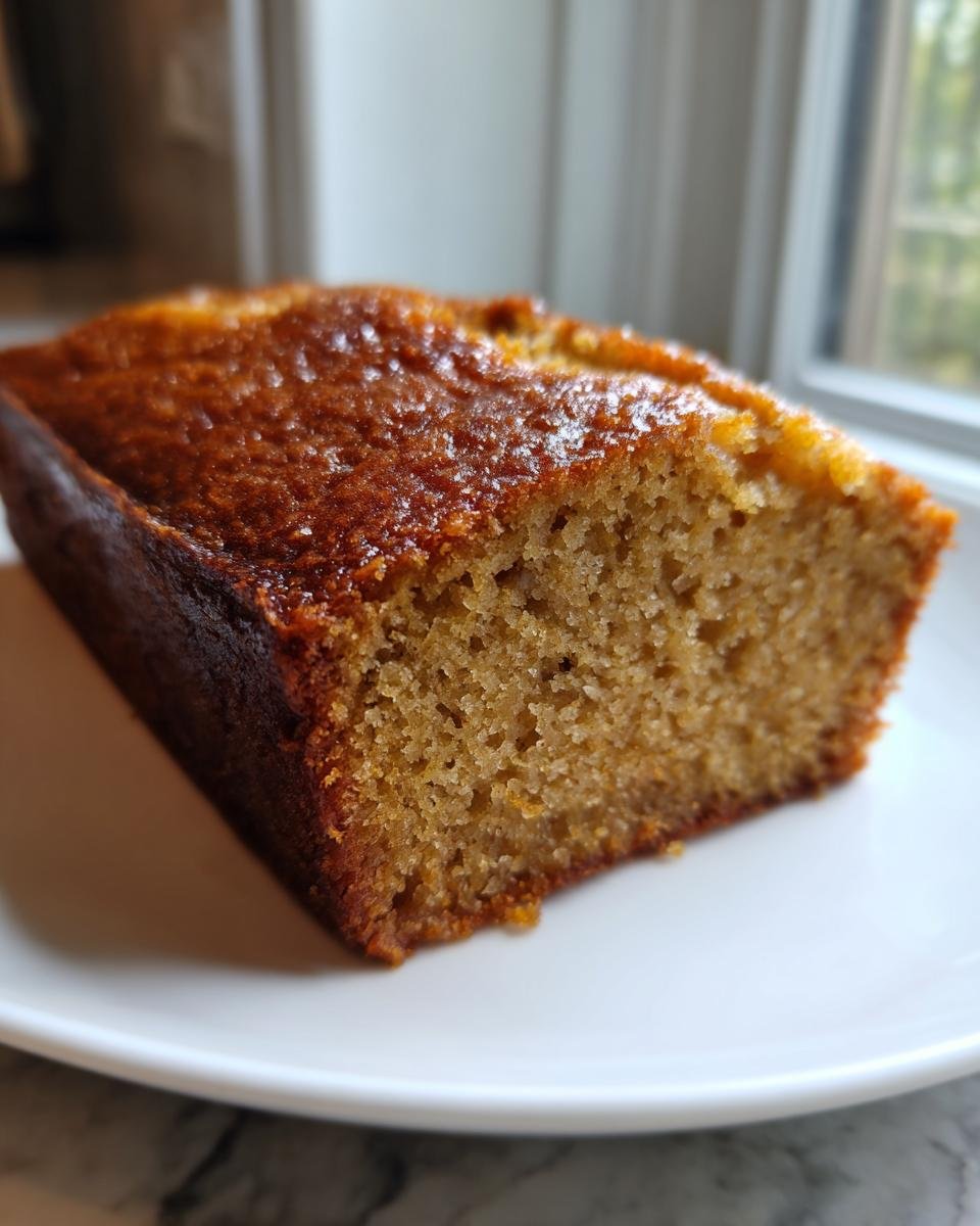 Nahaufnahme eines saftigen St&uuml;cks Banana Pound Cake mit gl&auml;nzender Kruste auf einem wei&szlig;en Teller.