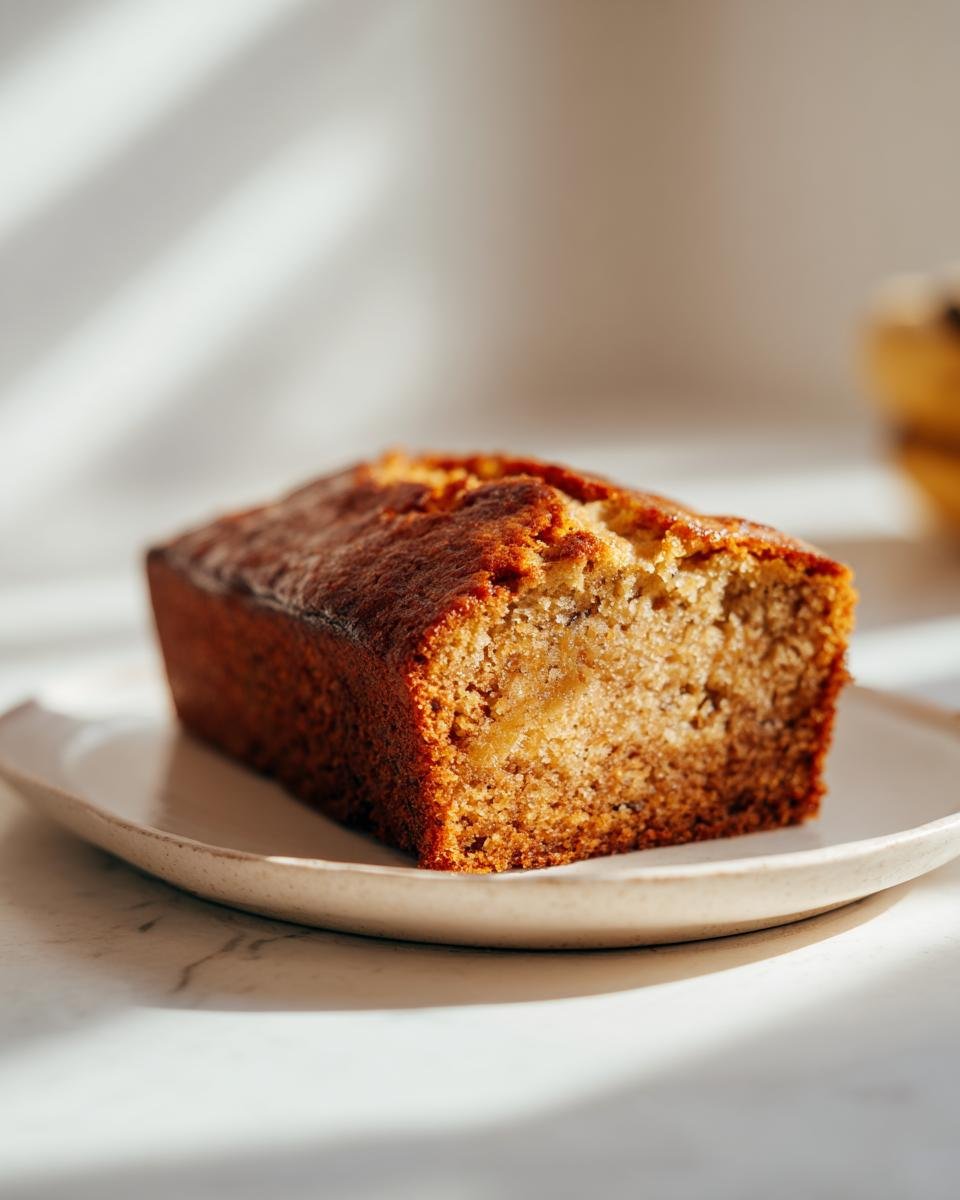 Ein saftiges St&uuml;ck Banana Pound Cake mit goldbrauner Kruste auf einem hellen Teller.