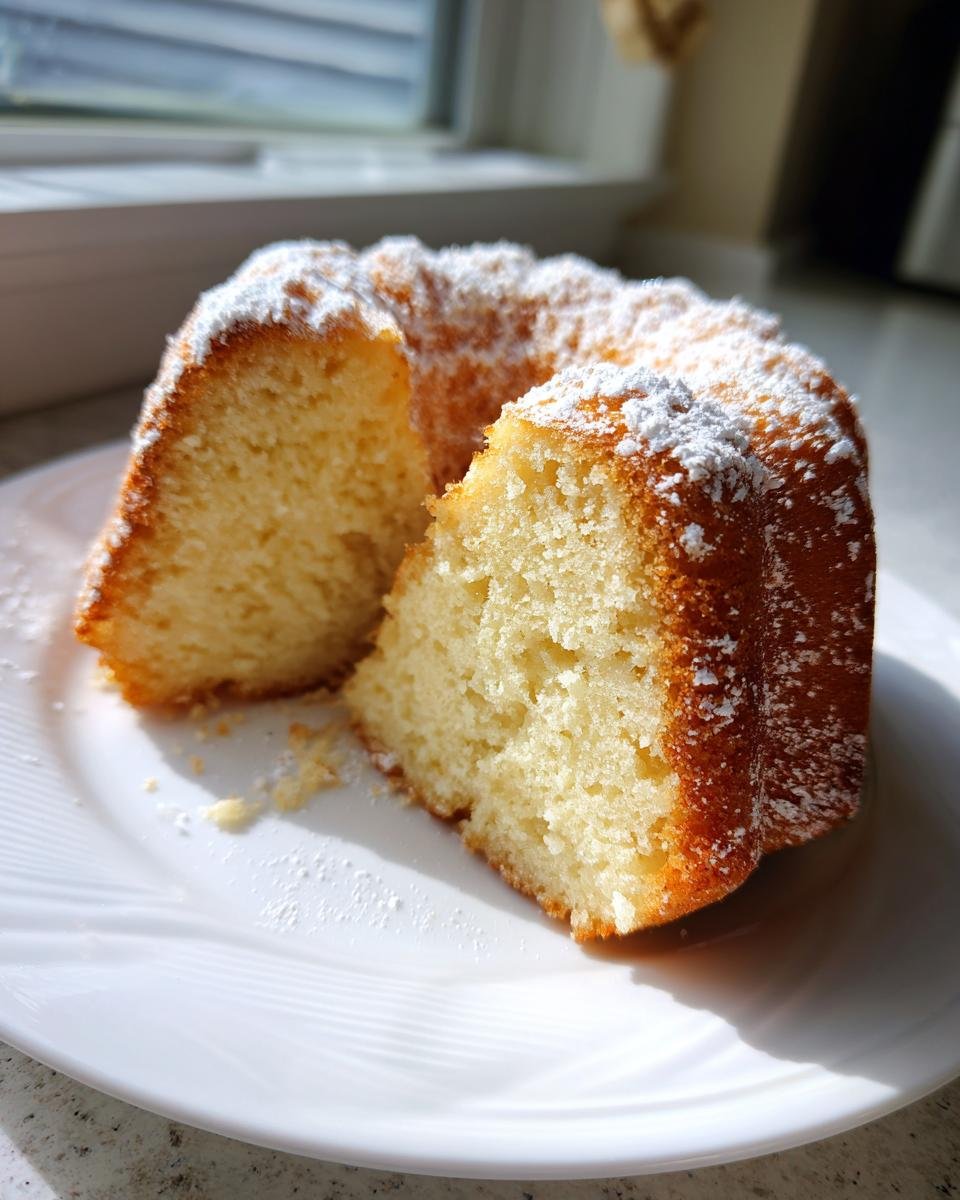 Aufgeschnittener Citrus Olive Oil Bundt Cake, best&auml;ubt mit Puderzucker, auf einem wei&szlig;en Teller.