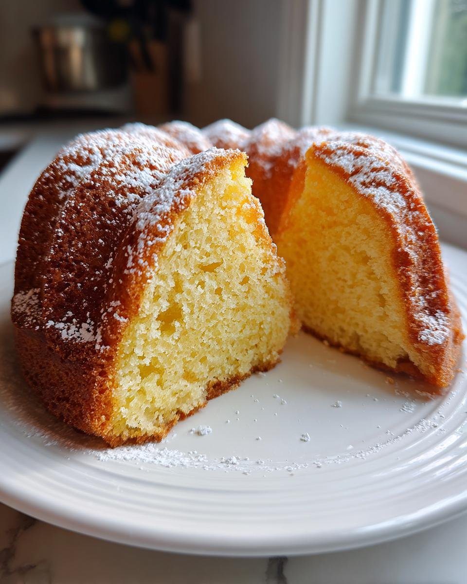Angeschnittener, saftiger Citrus Olive Oil Bundt Cake, best&auml;ubt mit Puderzucker auf einem wei&szlig;en Teller.