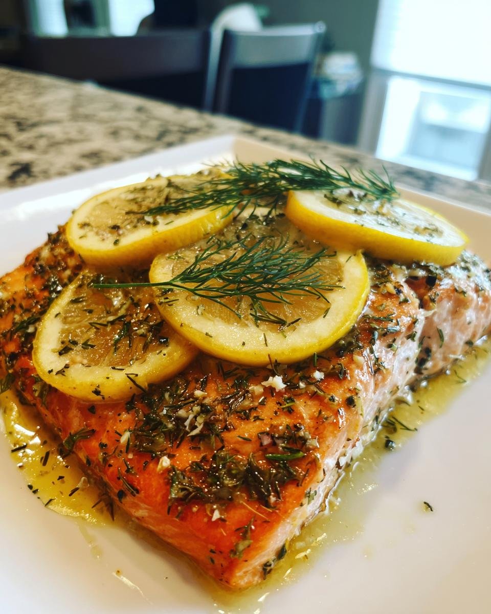 Nahaufnahme von saftigem Ofenlachs, belegt mit Zitronenscheiben, frischem Dill und Knoblauch.