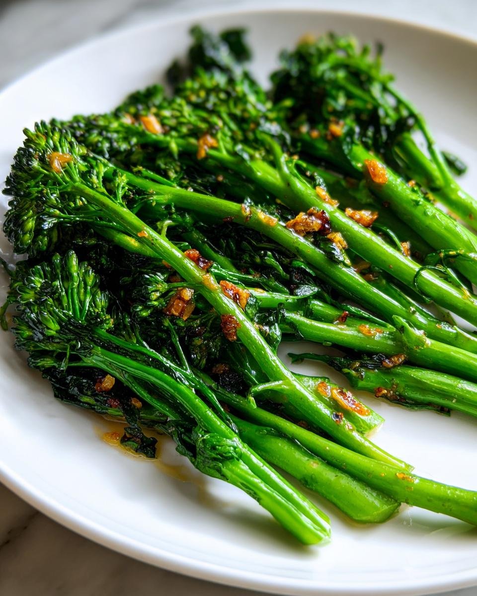 Nahaufnahme von leuchtend gr&uuml;nem Sauteed Garlic Broccolini mit gebratenem Knoblauch auf einem wei&szlig;en Teller.