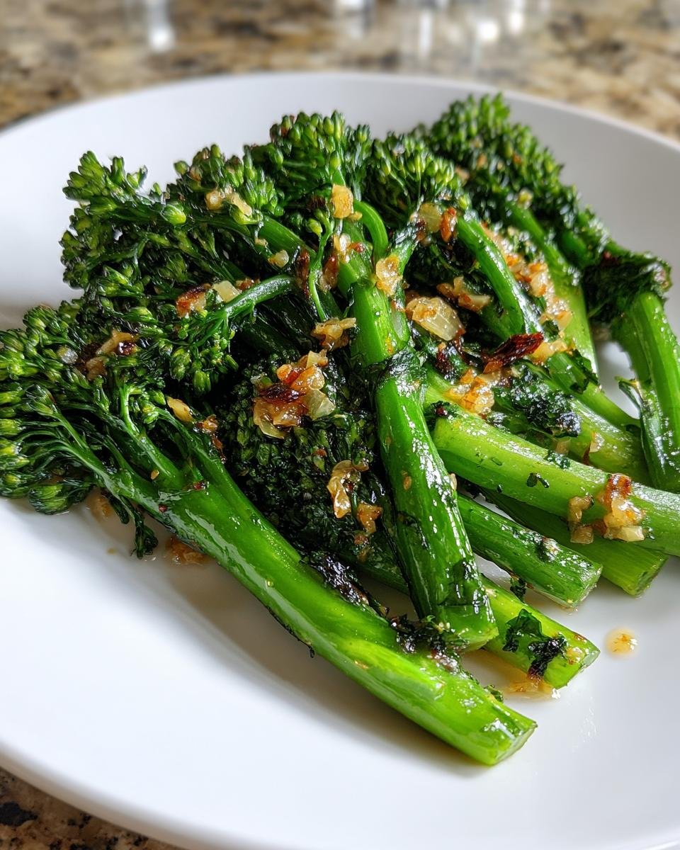 Nahaufnahme von leuchtend gr&uuml;nem, gebratenem Knoblauch Brokkolini, garniert mit gebr&auml;unten Knoblauchst&uuml;cken.