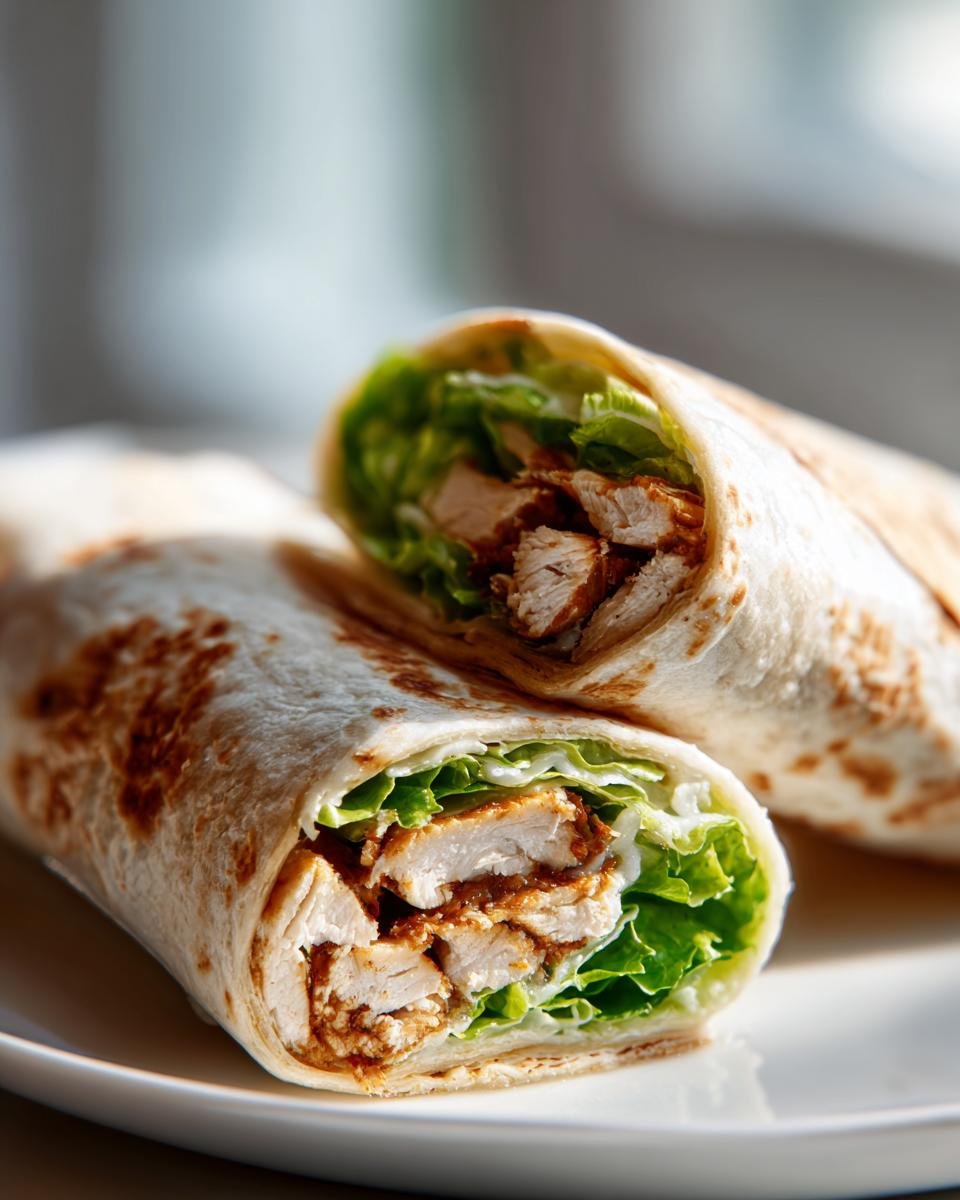 Zwei halbierte Chicken Caesar Wraps gef&uuml;llt mit gebratenem H&auml;hnchen, Salat und Sauce auf einem wei&szlig;en Teller.