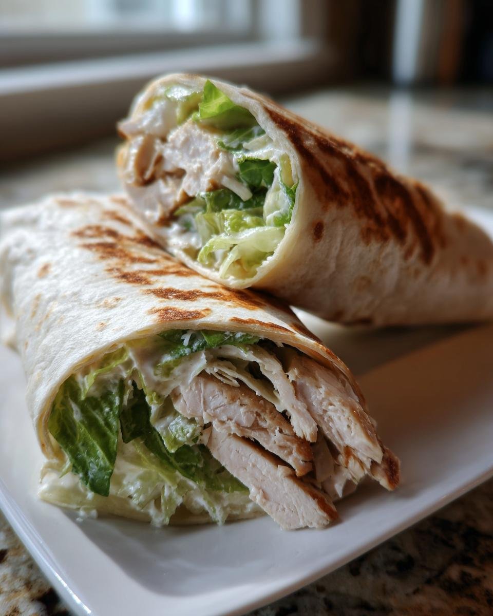 Zwei H&auml;lften von Chicken Caesar Wraps, gef&uuml;llt mit H&auml;hnchenbruststreifen, R&ouml;mersalat und Caesar-Dressing.