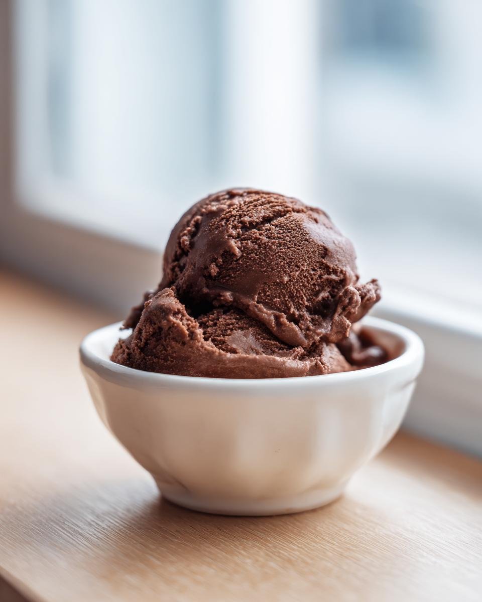 Zwei Kugeln dunkles Schokoladen-Espresso-Eis in einer kleinen wei&szlig;en Schale.