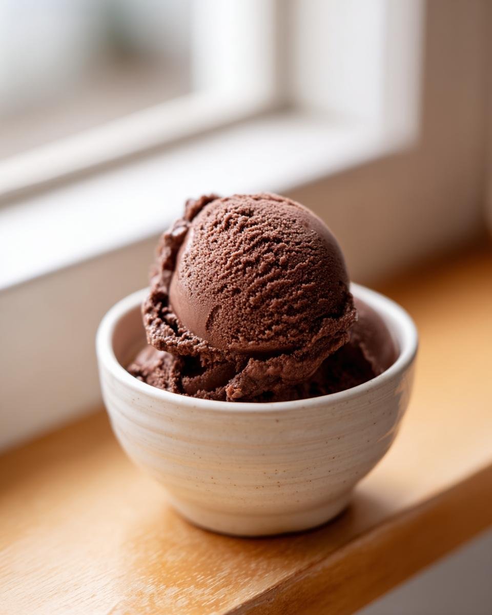 Zwei Kugeln dunkle Schokoladen Espresso Ice Cream in einer hellen Keramikschale.