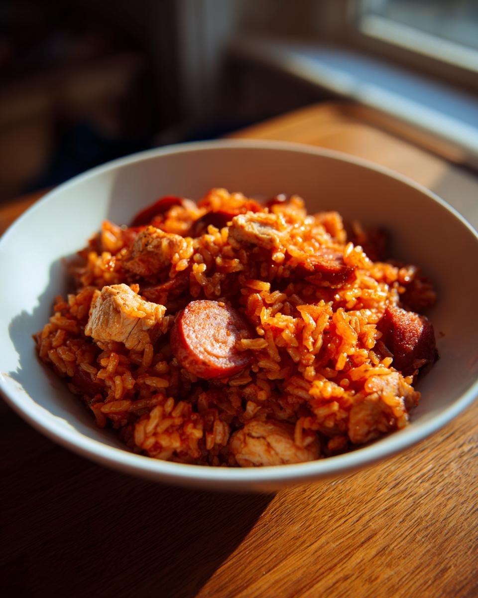 Nahaufnahme einer Sch&uuml;ssel mit w&uuml;rzigem Slow Cooker Cajun Jambalaya, gef&uuml;llt mit Reis, H&uuml;hnchen und Andouille-Wurst.