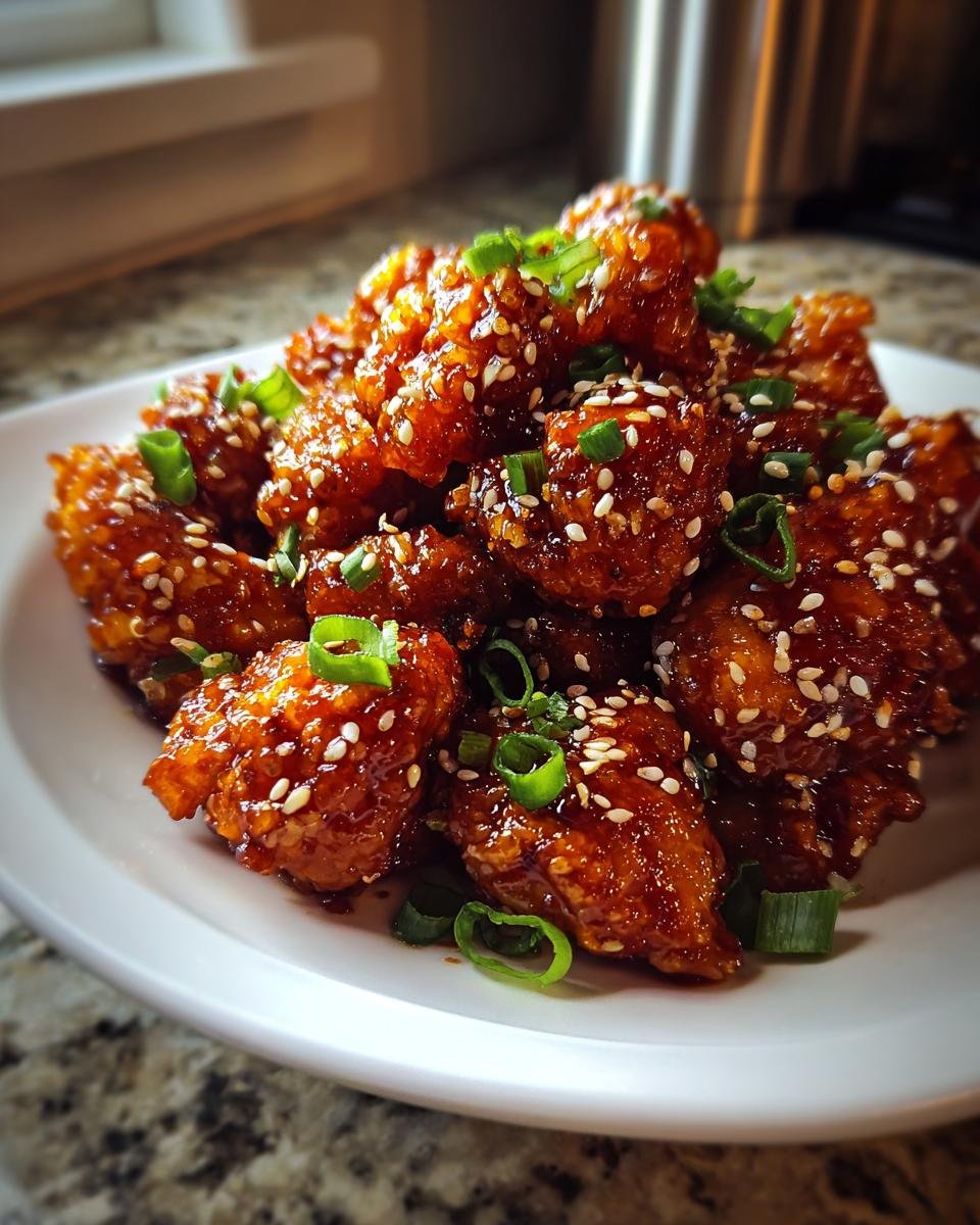 Nahaufnahme von knusprigem Sesam H&auml;hnchen in gl&auml;nzender Sauce, garniert mit Sesam und Fr&uuml;hlingszwiebeln.