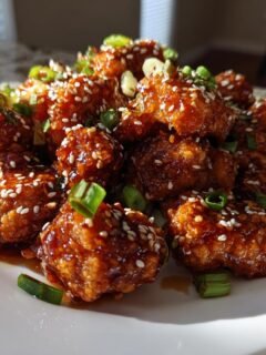 Nahaufnahme von knusprigem Sesam Hähnchen in einer glänzenden Sauce, garniert mit Sesam und Frühlingszwiebeln.