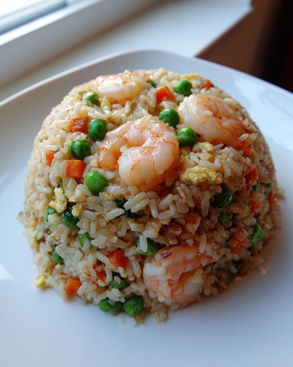 Ein perfekt geformter Berg aus Shrimp Fried Rice mit Garnelen, Erbsen und Karotten auf einem wei&szlig;en Teller.