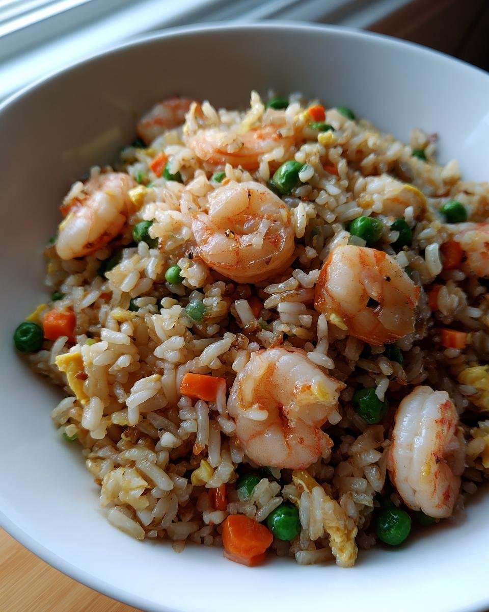 Eine Sch&uuml;ssel mit klassischem Shrimp Fried Rice, garniert mit gro&szlig;en Garnelen, Erbsen und Karotten.