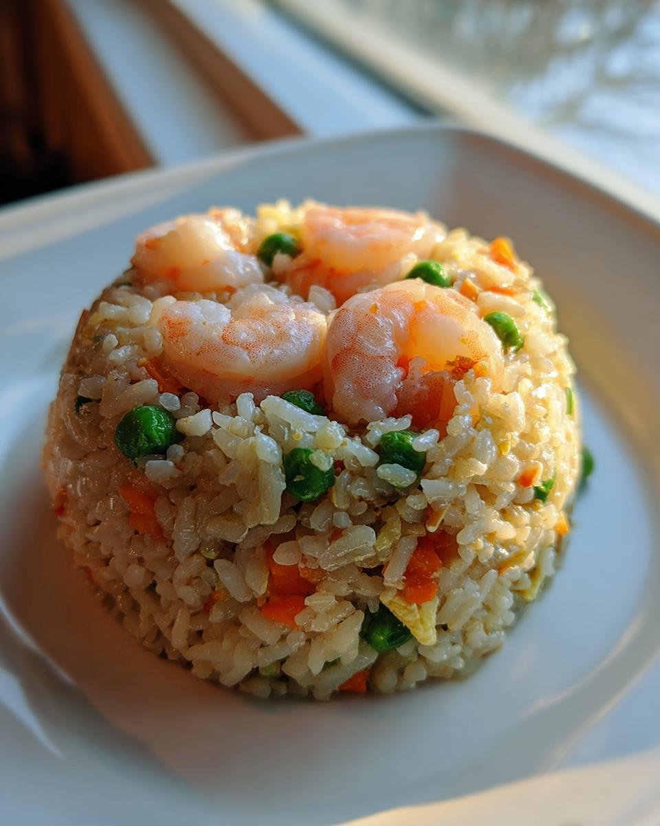 Gepresste Portion Shrimp Fried Rice mit Garnelen, Erbsen und Karotten auf einem wei&szlig;en Teller.