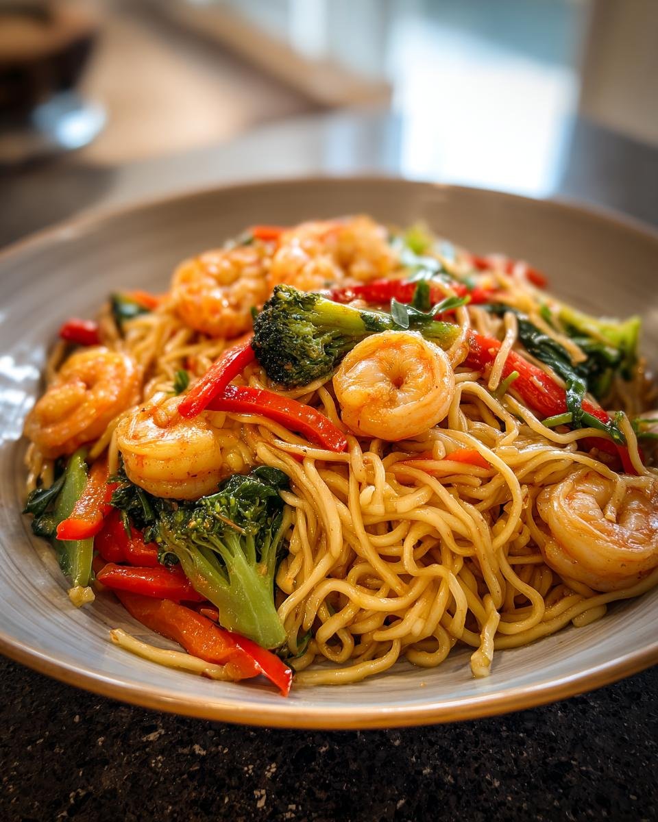 Nahaufnahme von k&ouml;stlichem Shrimp Lo Mein mit gebratenen Garnelen, Brokkoli und roter Paprika in einer Sch&uuml;ssel.