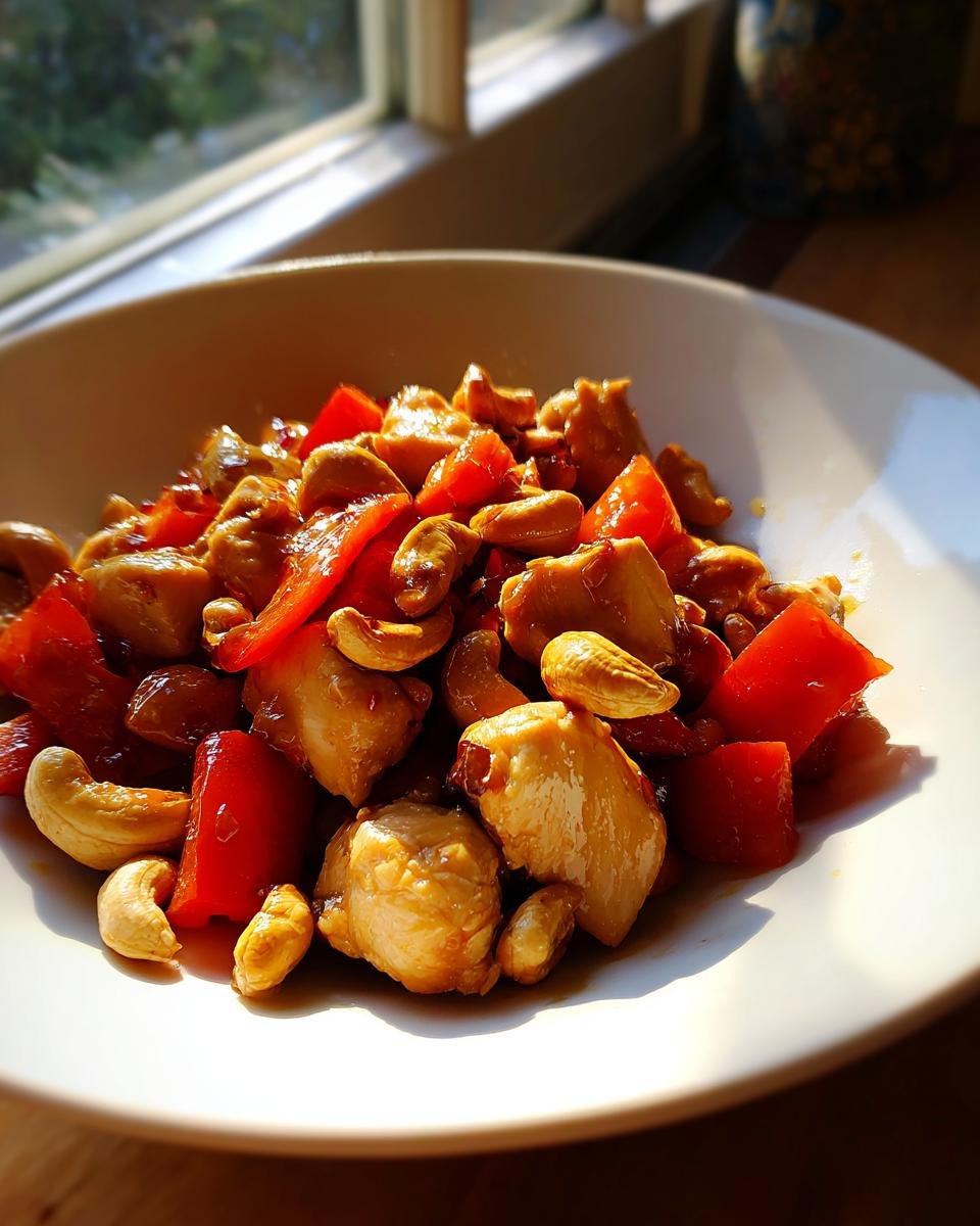 Nahaufnahme von Skinny Cashew Chicken mit H&auml;hnchenst&uuml;cken, roten Paprikaw&uuml;rfeln und Cashewkernen in einer wei&szlig;en Schale.