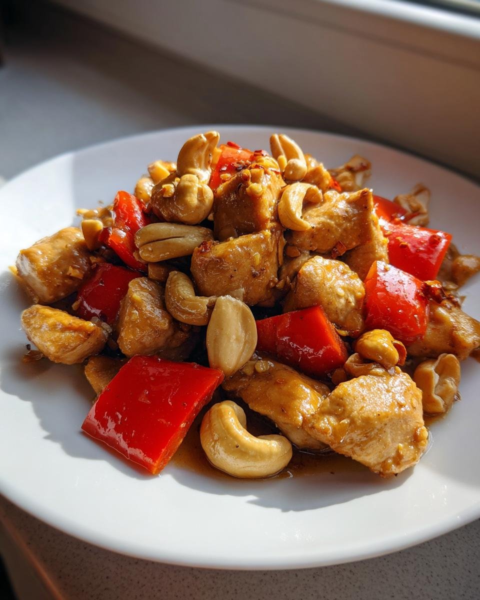 Nahaufnahme von Skinny Cashew Chicken mit H&auml;hnchenst&uuml;cken, roten Paprika und Cashewn&uuml;ssen auf einem wei&szlig;en Teller.