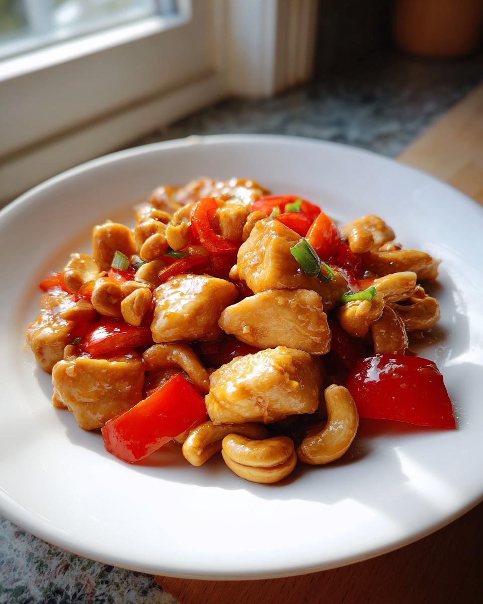 Nahaufnahme von Skinny Cashew Chicken mit H&auml;hnchenst&uuml;cken, roter Paprika und Cashewn&uuml;ssen auf einem wei&szlig;en Teller.