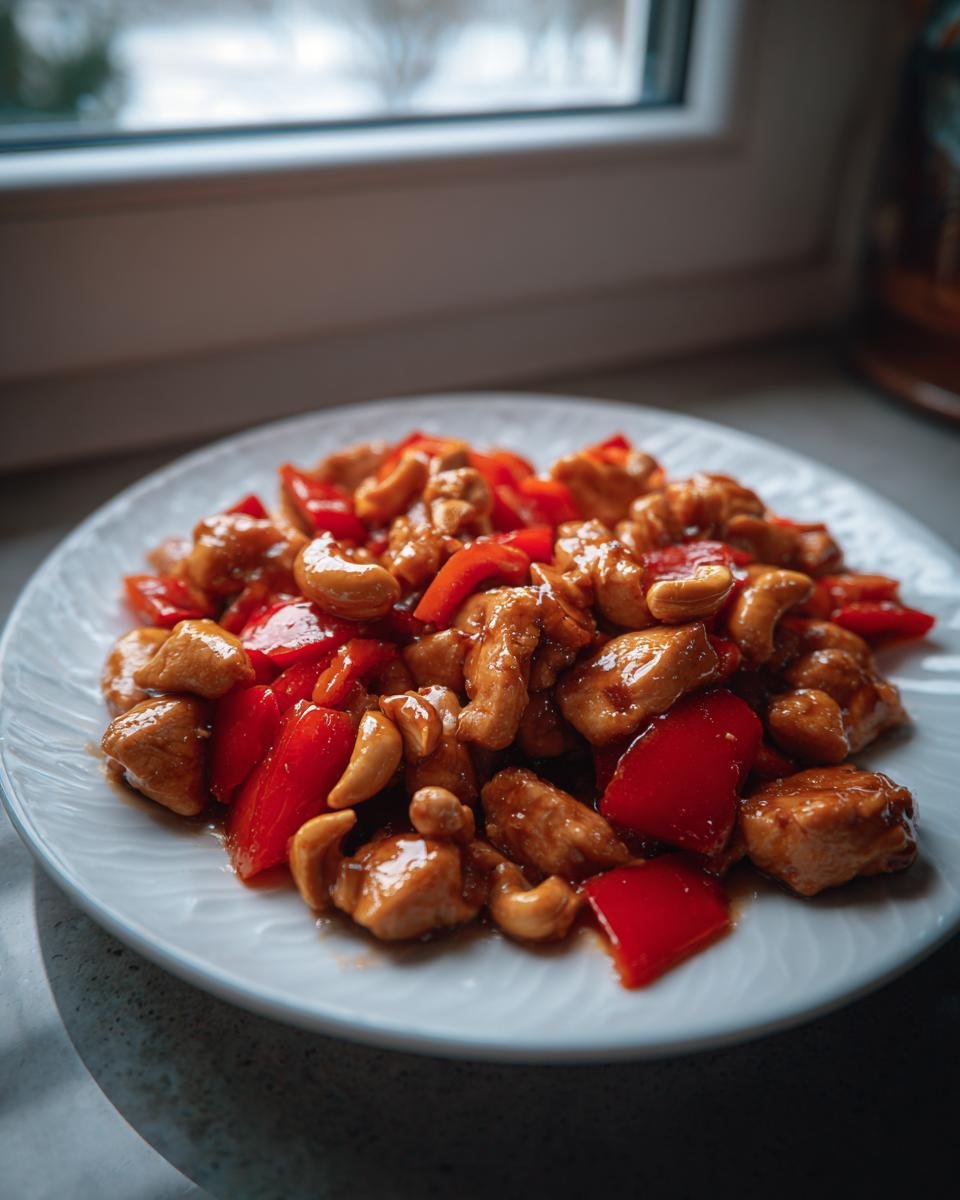 Nahaufnahme von Skinny Cashew Chicken mit H&auml;hnchenst&uuml;cken, roter Paprika und Cashewn&uuml;ssen auf einem wei&szlig;en Teller.