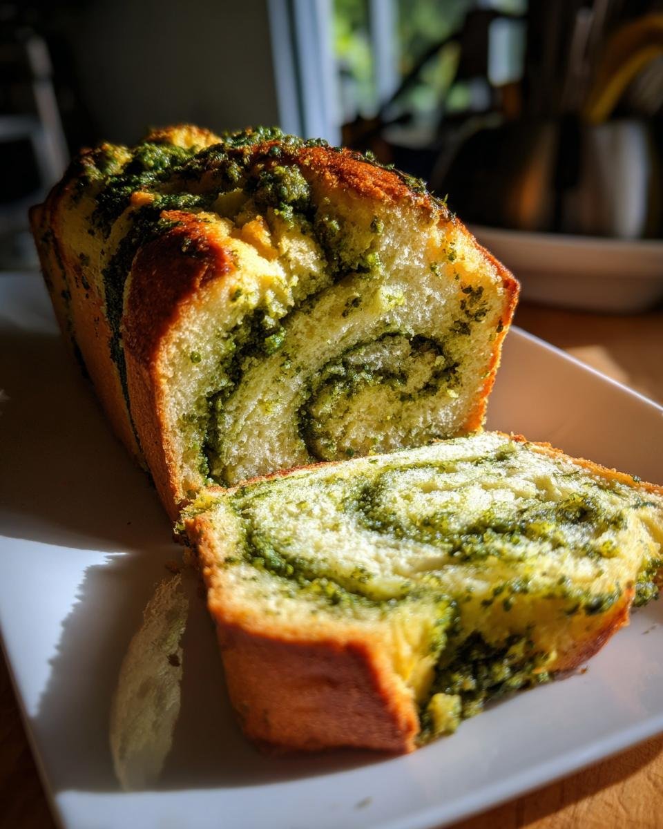 Aufgeschnittenes Slow Cooker Basilikum Pesto Brot mit sichtbarer gr&uuml;ner Pesto-Marmorierung auf einem wei&szlig;en Teller.