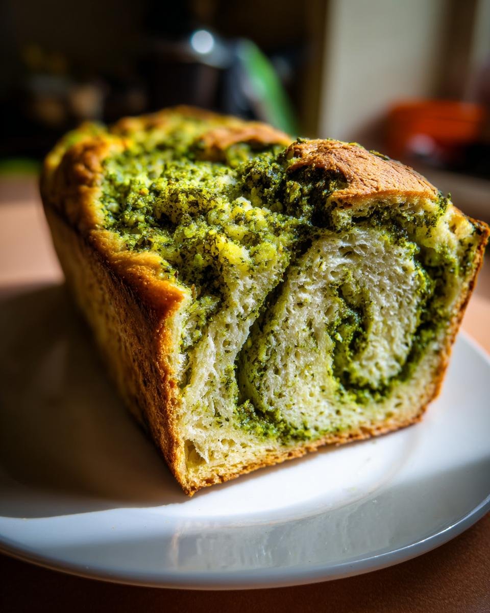 Anschnitt eines frisch gebackenen Slow Cooker Basilikum Pesto Brot mit gr&uuml;ner Pesto-F&uuml;llung.