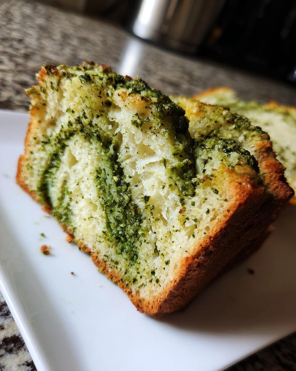 Nahaufnahme von zwei Scheiben Slow Cooker Basilikum Pesto Brot mit gr&uuml;nem Pesto-Marmor im weichen Inneren.
