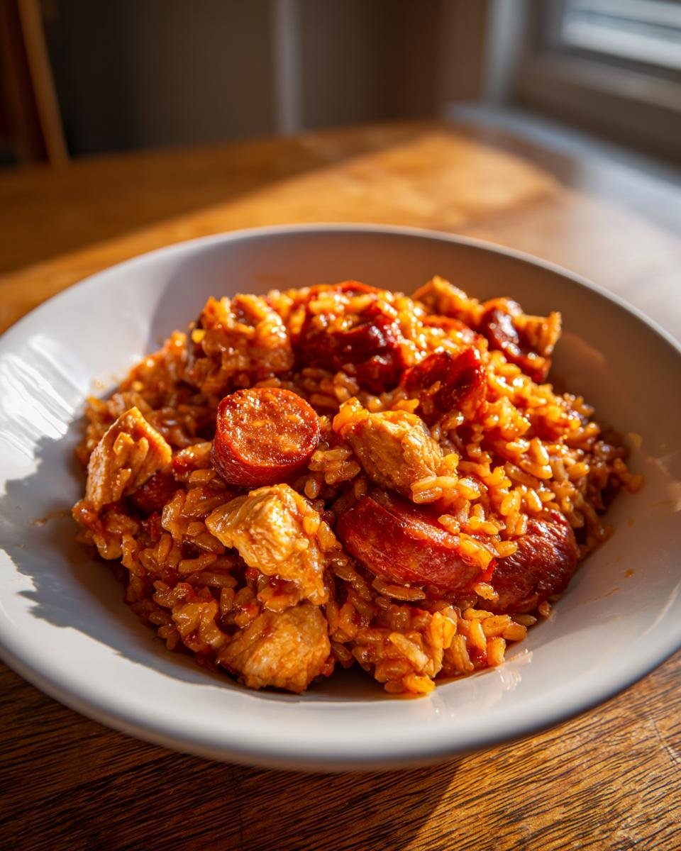 Nahaufnahme von Slow Cooker Cajun Jambalaya mit Reis, H&auml;hnchenst&uuml;cken und scharfer Wurst in einer wei&szlig;en Sch&uuml;ssel.