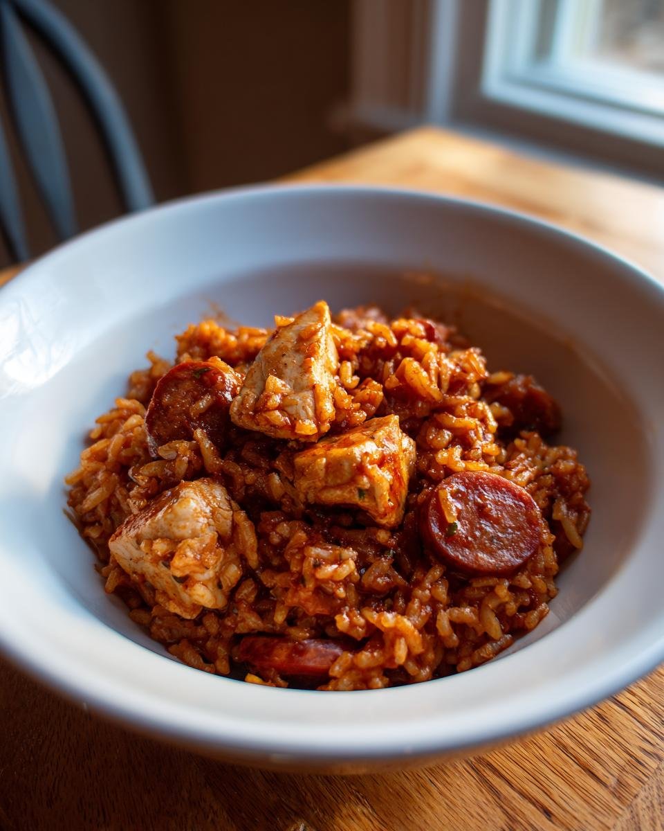 Nahaufnahme einer Portion Slow Cooker Cajun Jambalaya mit Reis, H&uuml;hnchenst&uuml;cken und Wurstscheiben in einer wei&szlig;en Sch&uuml;ssel.