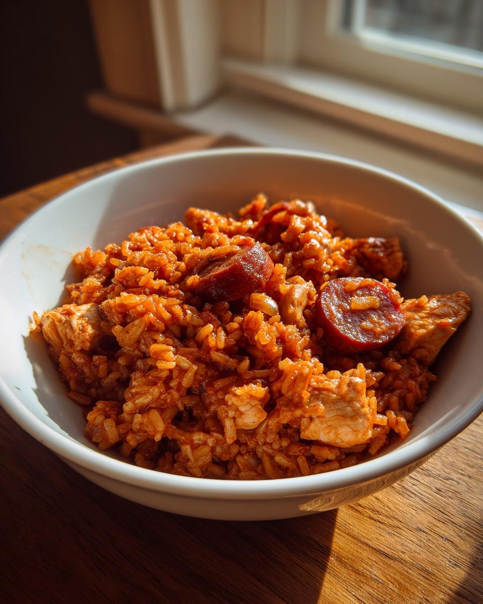 Nahaufnahme einer Sch&uuml;ssel mit w&uuml;rzigem Slow Cooker Cajun Jambalaya, Reis, H&uuml;hnchenst&uuml;cken und Chorizo-Scheiben.