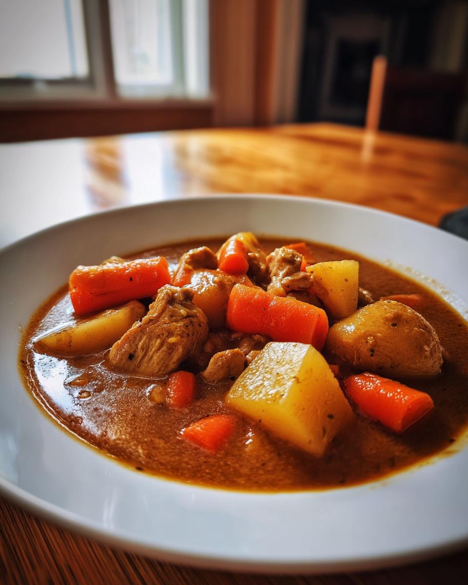 Eine Sch&uuml;ssel mit herzhaftem Slow Cooker Chicken Stew, gef&uuml;llt mit Fleischst&uuml;cken, gro&szlig;en Kartoffelst&uuml;cken und leuchtend orangen Karotten.